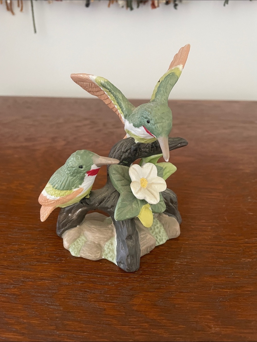 Ceramic Hummingbird Figurine with Flower - Green and white